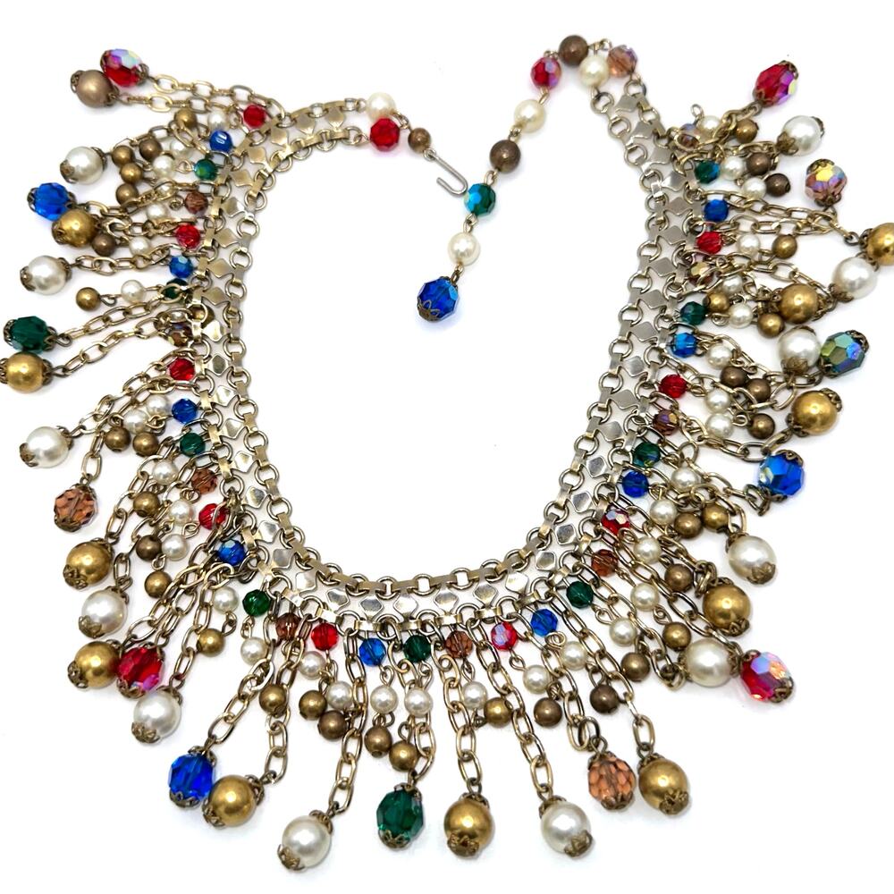 Alice Caviness vintage gold tone AB glass faux pearls beaded fringe necklace